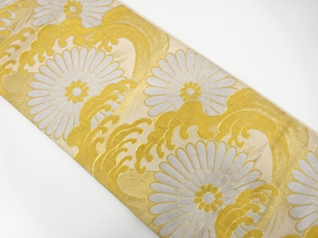 JAPANESE KIMONO / ANTIQUE FUKURO OBI / SILK / WOVEN ROUGH WAVE & KIKU